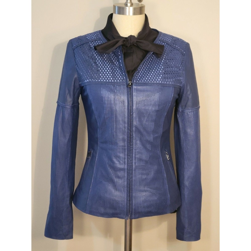 My Tribe Blue Perforated Leather Jacket